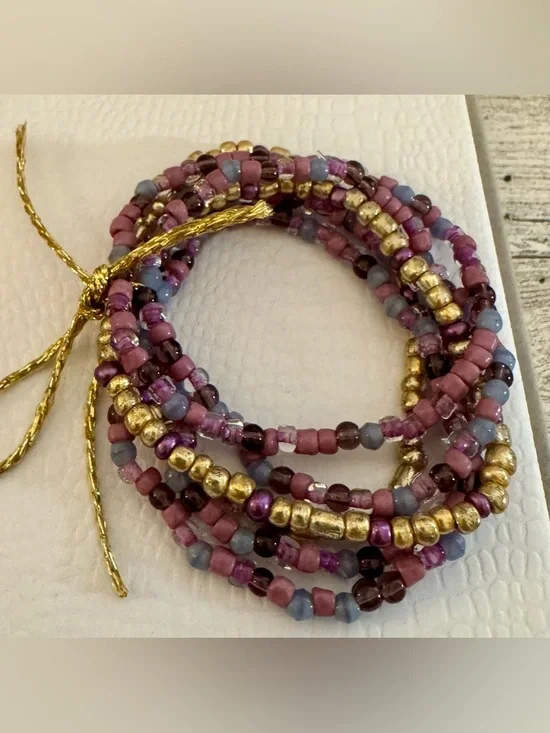 Gold & Purple Beaded Bracelet Set of 6 - Picture 2 of 2